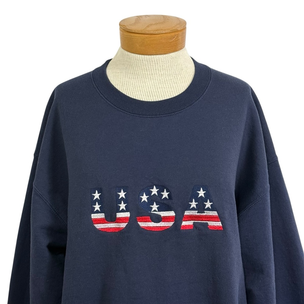 Vtg 90s JERZEES USA Sweatshirt Navy Embroidered Stars & Stripes Large Americana